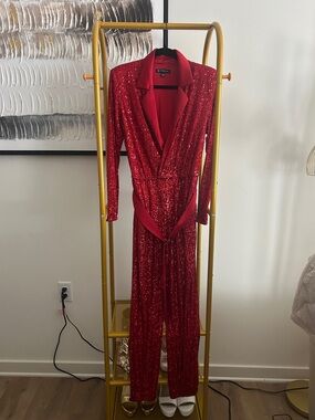 INC International Concepts Red Sequin Jumpsuit with Shawl Collar